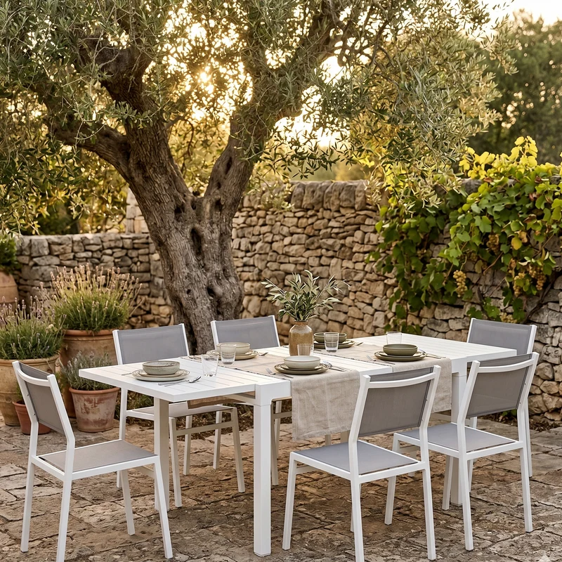 Tavolo allungabile "Samoa" in alluminio Bianco dogato da esterno per giardino e veranda 83 x 83/166 cm / Tavolo + 6 Sedie