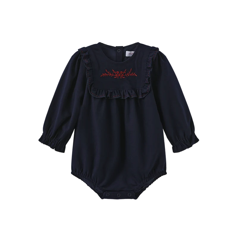 PAPILLON NAVY WOOL EMBROIDER BIB ROMPER 24M