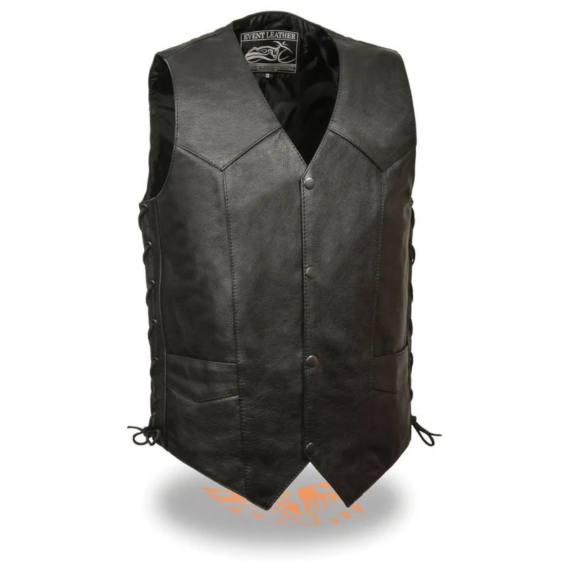 Event Leather EL5397 Men's Black Leather Vest with Adjustable Side Laces Black / 3X-Large