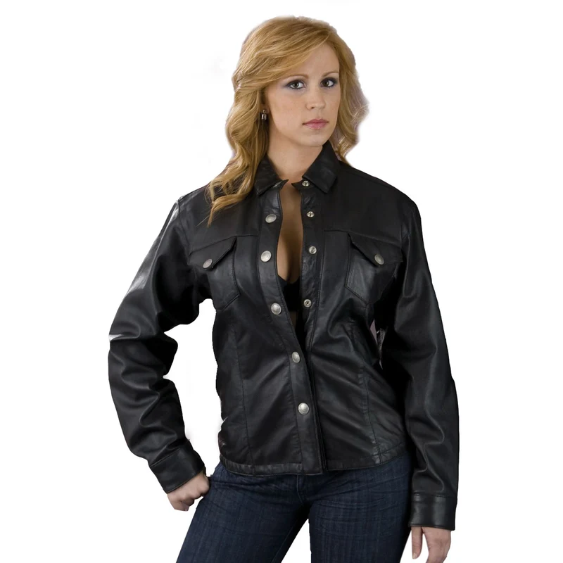 Leather King SH8028 Ladies Black Lambskin Leather Shirt Black / 4X-Large
