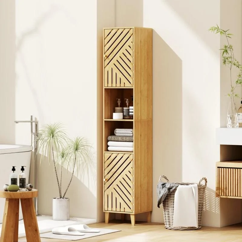MOBILE COLONNA BAGNO CON 2 ARMADIETTI E 2 RIPIANI CON SCAFFALE REGOLABILE, IN BAMB¨ E TRUCIOLATO, 32X30X170 CM