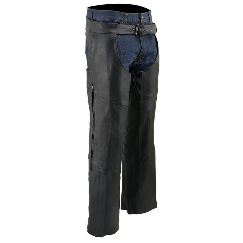 Milwaukee Leather Chaps for Men's Black Vented Premium Leather Motorcycle Chaps w/ Side Pocket-Stretch Thigh-ML1129 Black / 4X-Large