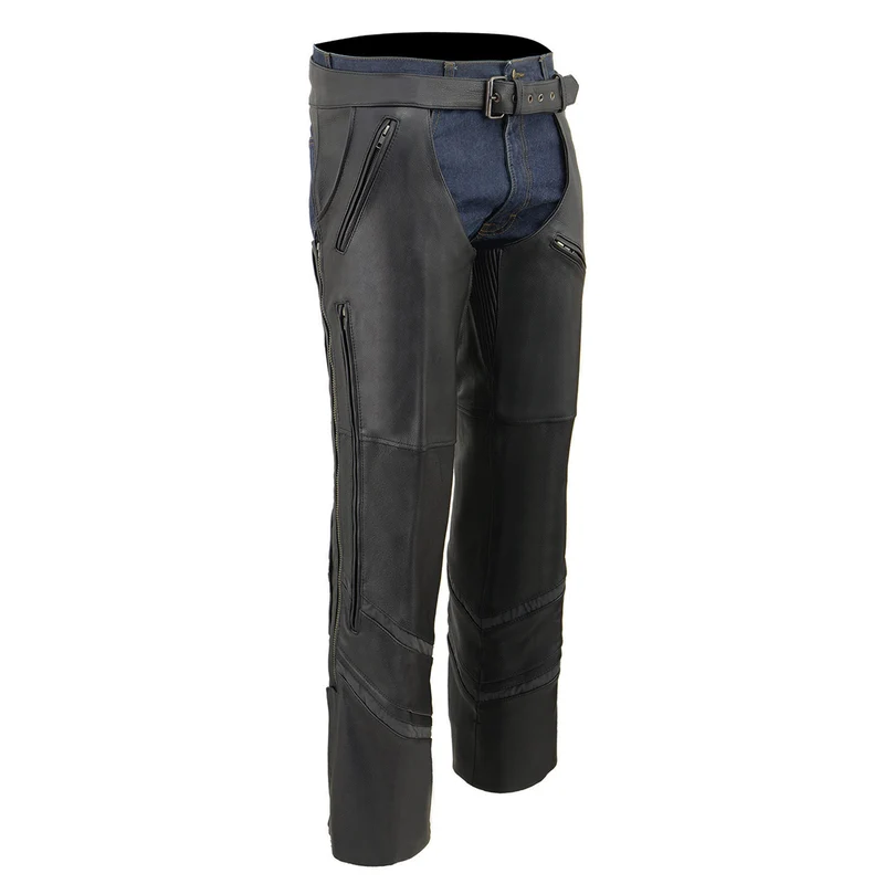 Milwaukee Leather ML1144 Men's Black Premium Leather Vented Motorcycle Rider Chaps w/ Reflective Piping Black / Medium