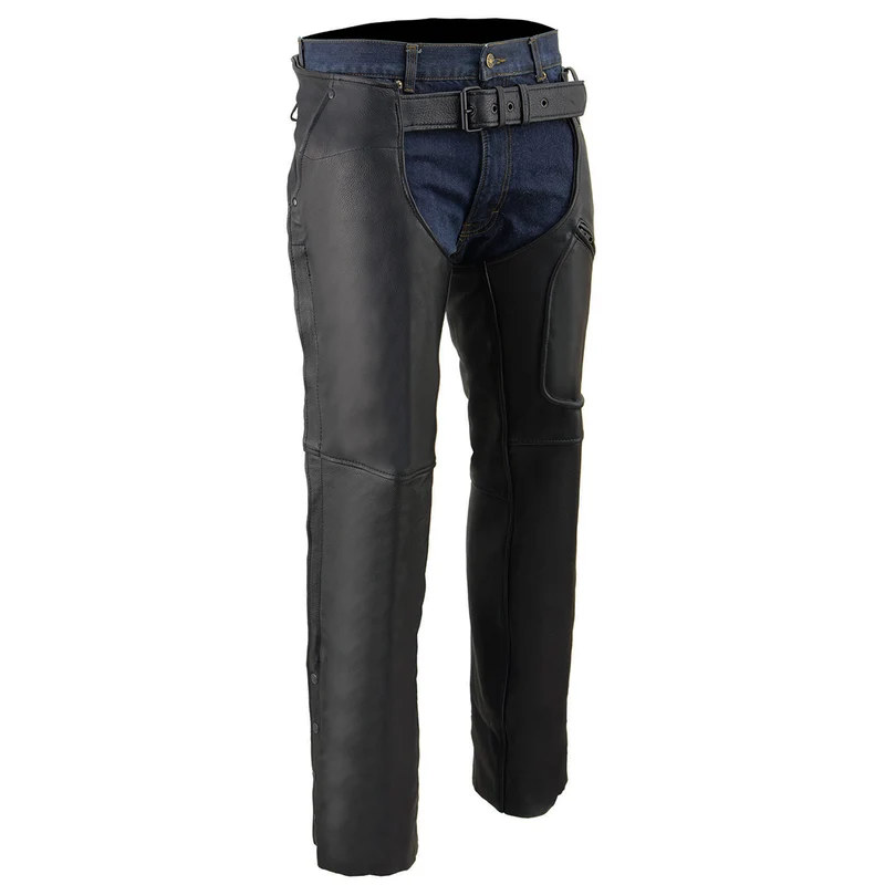 Milwaukee Leather Men's Black Premium Leather Motorcycle Rider Chaps w/ Front 3-Pockets - Thigh Patch Pocket-ML1766 Black / 4X-Large