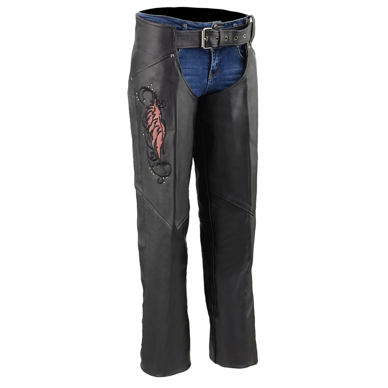 Milwaukee Leather Women's Classic Black Premium Leather Motorcycle Chaps w/ Pink Wing Embroidery-ML1179 Pink / 3X-Small