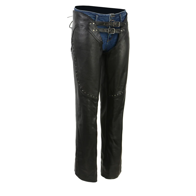 Milwaukee Leather Chaps for Women Black Low-Rise Waist- Front Double Buckle Rivet Detailing Motorcycle Chap- ML1186 Black / Small
