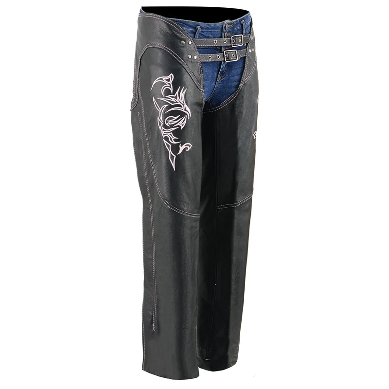 Milwaukee Leather Chaps for Women Black and Pink Low-Rise Waist- Double Buckle Reflective Embroidery Motorcycle Chap- ML1187 Pink / 3X-Small