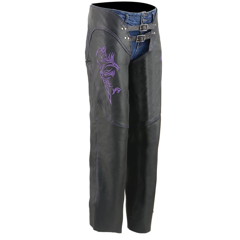 Milwaukee Leather Chaps for Women Black and Purple Low-Rise Waist- Double Buckle Reflective Embroidery Motorcycle Chap- ML1187 Purple / 3X-Small