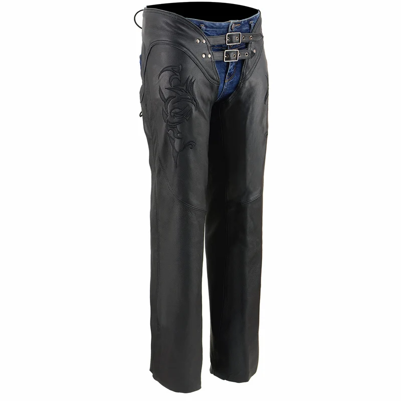 Milwaukee Leather Chaps for Women Black Low-Rise Waist- Double Buckle Reflective Embroidery Motorcycle Chap- ML1187 Black / 2X-Small