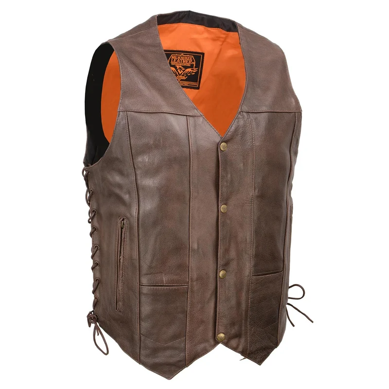 Milwaukee Leather ML1391RT Men's Retro Brown Leather Vest- 10 Pockets Side Lace 4-Snap V-Neck Motorcycle Rider Vest Retro Brown / 52