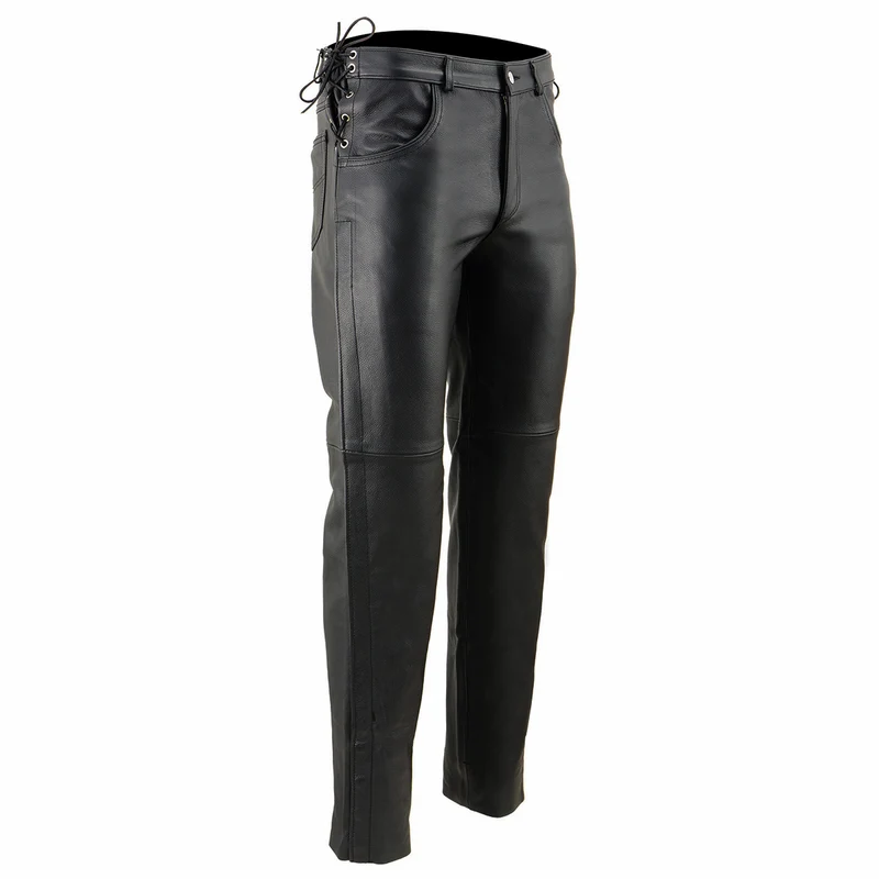 Milwaukee Leather SH1987 Men's Black Leather Deep Pocket Motorcycle Over Pants with Side Laces Black / 38
