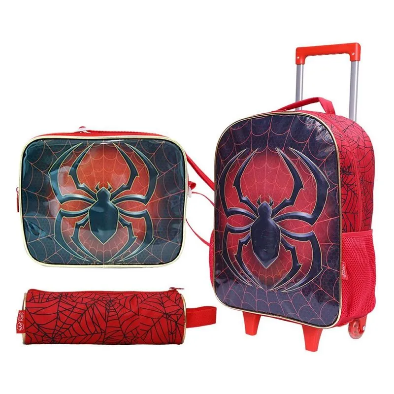 Kit Mochila De Rodinha Estojo Lancheira Aranha - Vermelho