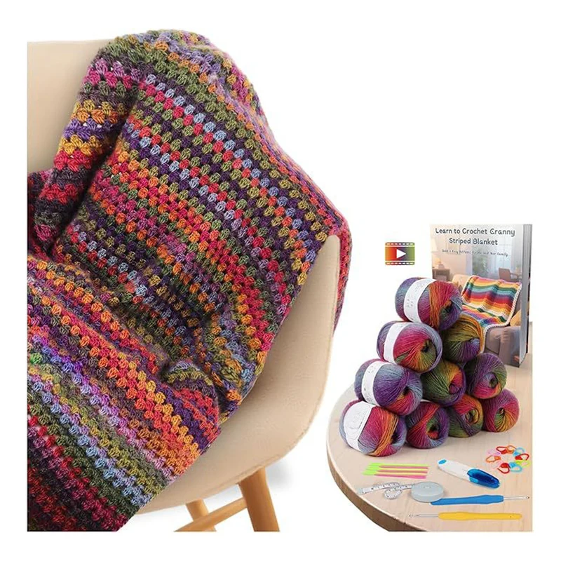 Poppy Crafts Crochet Blanket Kit #15 - Colourful Stripes