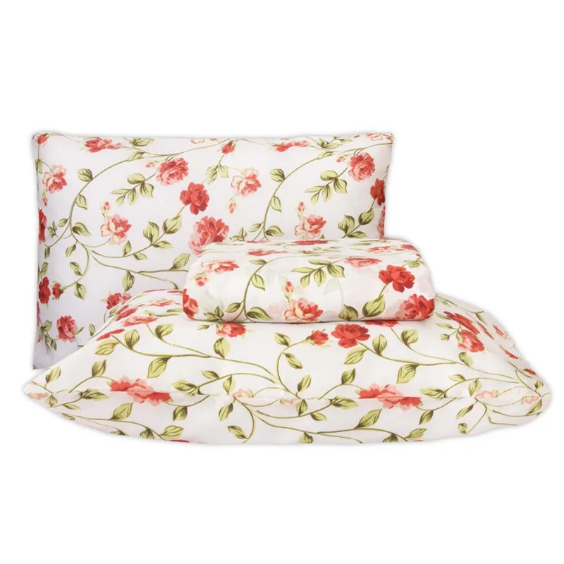 Kit Jogo Cama Box Casal Algodão 140 Fios Flores Salmão