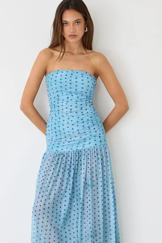 Blue Polka Dot Strapless Bodycon Maxi Dress 6XXS