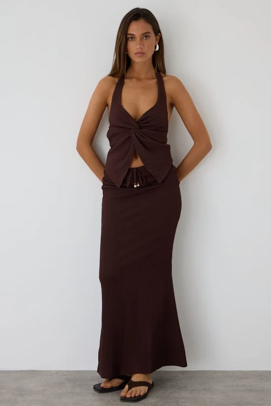 Brown Maxi Skirt Fit & Flare Textured Beaded Detail 14L