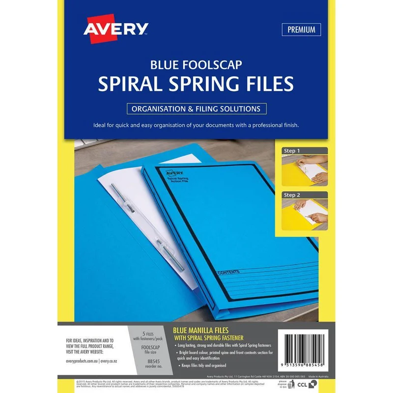 Avery 88545 Spiral Spring Action File Foolscap Blue Pack 5 SuperOffice