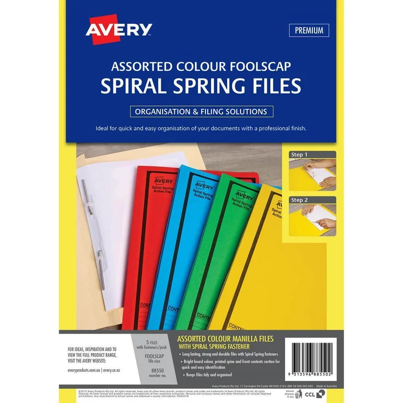 Avery 88550 Spiral Spring Action File Foolscap Assorted Colours Pack 5 SuperOffice