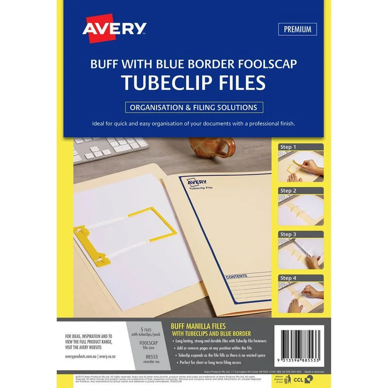 Avery 88553 Tubeclip File Foolscap Buff With Blue Print Pack 5 SuperOffice