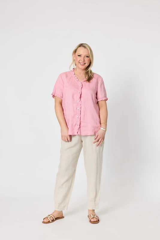 Gordon Smiths Womens Audrey Linen Short Sleeve Ruffle Shirt Musk / XXL/18
