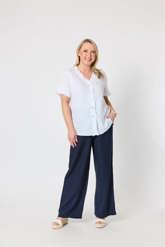 Gordon Smiths Womens Audrey Linen Short Sleeve Ruffle Shirt White / XXL/18