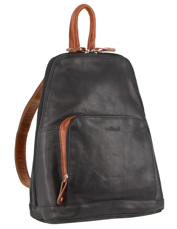Milleni Women's Leather Twin Zip Travel Backpack Bag 24x32cm Black Chestnut Orquestra