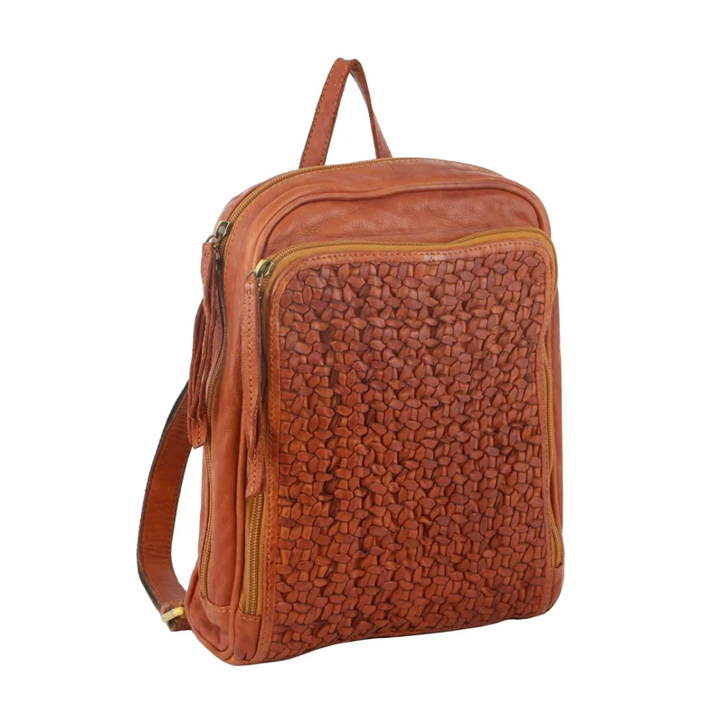 Pierre Cardin Woven Leather Ladies Backpack Bag Travel Satchel Zip - Cognac Boutique Retailer