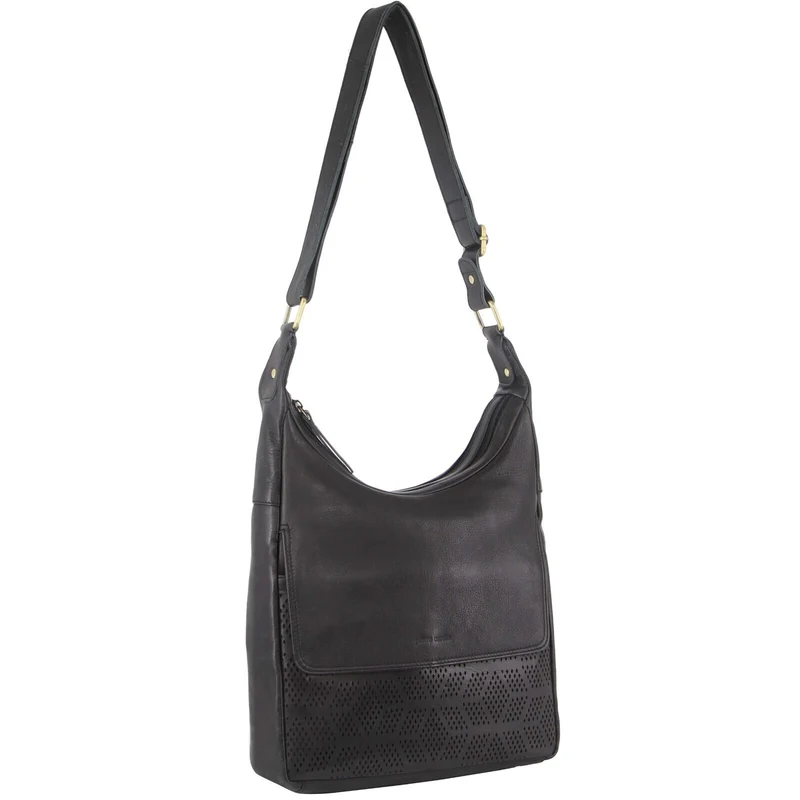 Pierre Cardin Womens Large Leather Multi Zip Perforated Cross-Body Bag - Black Boutique Retailer