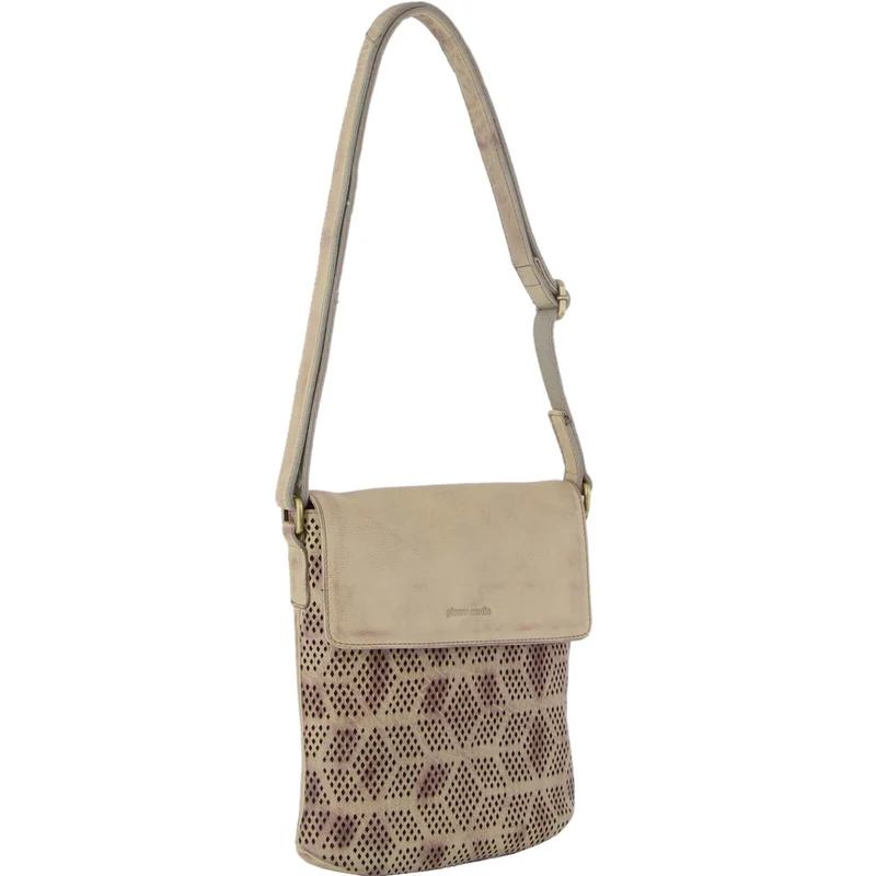Pierre Cardin Leather Perforated Cross-Body Bag with Flap Closure - Latte Boutique Retailer