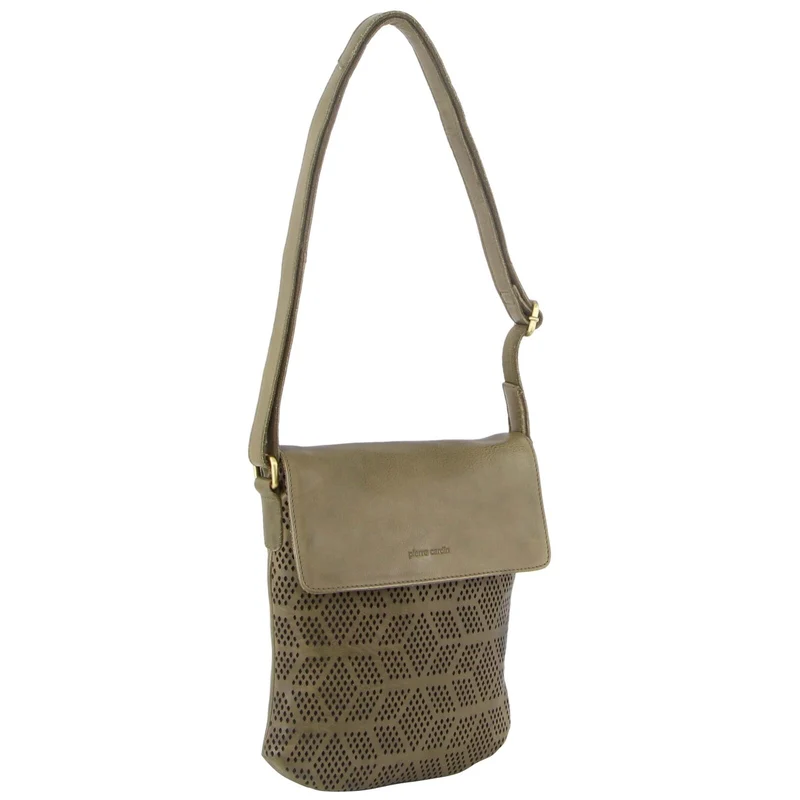 Pierre Cardin Leather Perforated Cross-Body Bag with Flap Closure - Olive Boutique Retailer