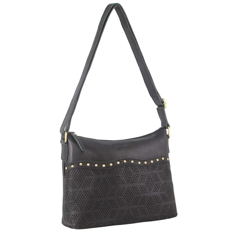 Pierre Cardin Womens Leather Perforated Cross-Body Bag with stud Detailing - Black Boutique Retailer