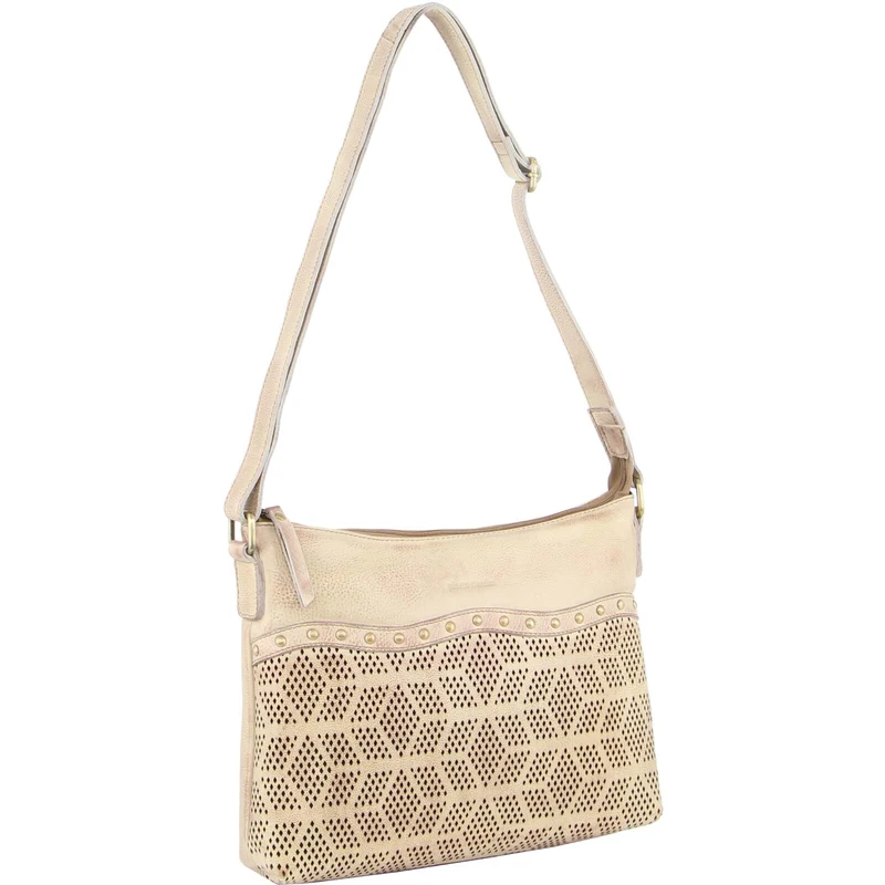 Pierre Cardin Womens Leather Perforated Cross-Body Bag with stud Detailing - Latte Boutique Retailer