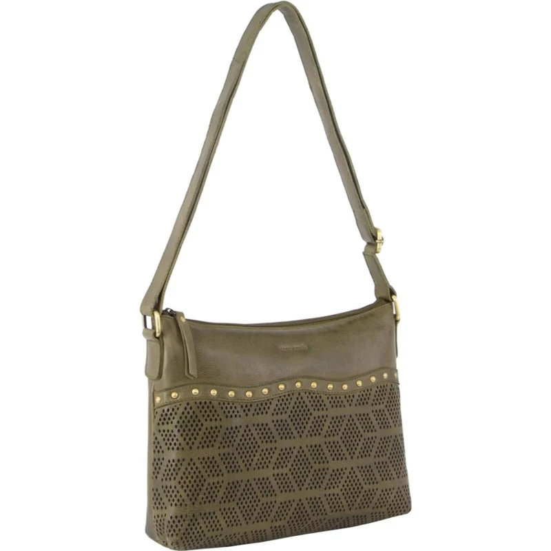 Pierre Cardin Womens Leather Perforated Cross Body Bag with Stud Detailing Travel - Olive Boutique Retailer