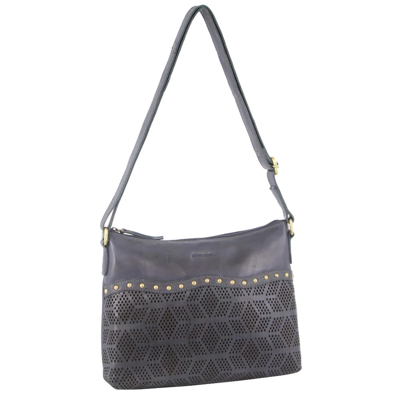 Pierre Cardin Womens Leather Perforated Cross-Body Bag with stud Detailing - Teal Boutique Retailer
