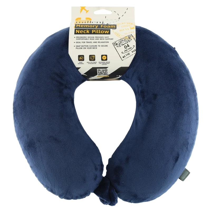 Milleni Travel Memory Foam Neck Pillow w/ Snap Button Closure Blue Boutique Retailer