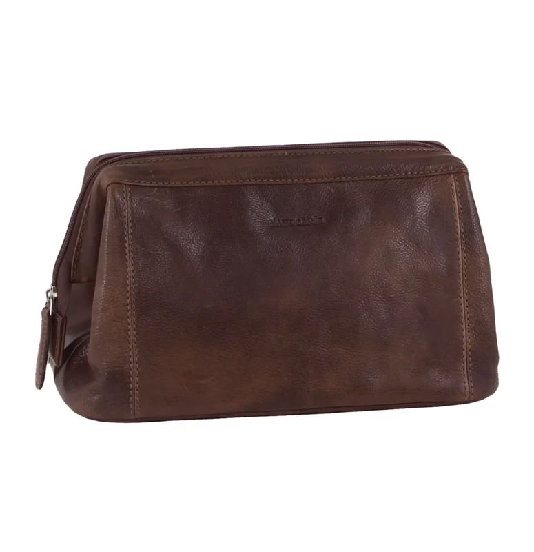 Pierre Cardin Mens Rustic Leather Toiletry Case Bag Travel - Chocolate Boutique Retailer