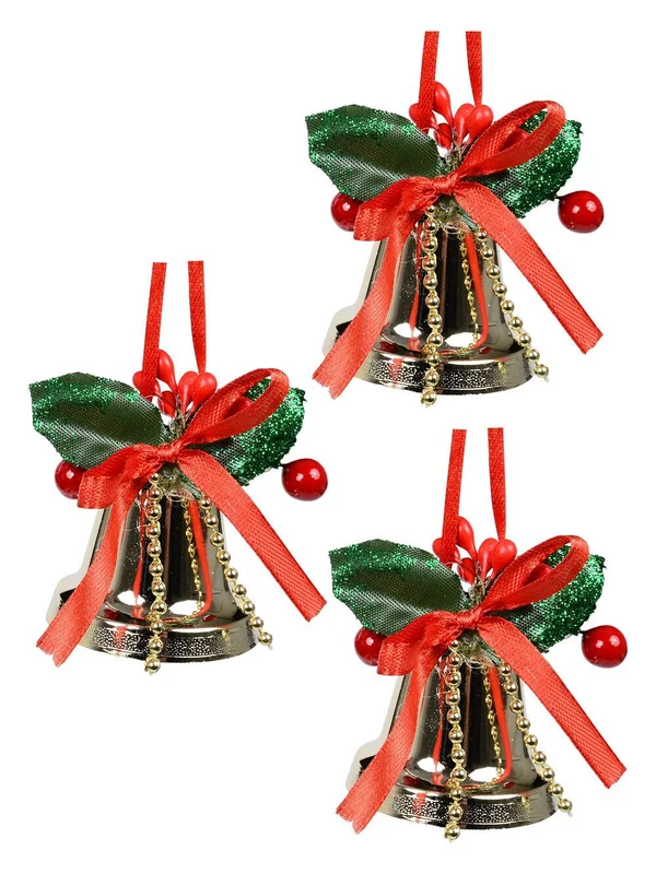 3x Gold Glossy Whimsical Essential Bell Drop | 50mmGold with Green & Red Christmas Warehouse
