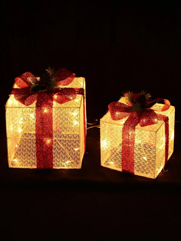 White Glitter Mesh 3D Gift Box LED Display Set | 25cm & 20cmWhite with Red, Green, Brown & Warm White Christmas Warehouse
