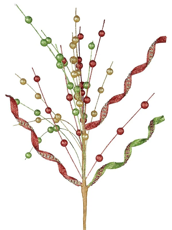Red Green & Gold Glitter Balls & Curls Long Christmas Stem | 72cmRed, Green & Gold with Brown Christmas Warehouse