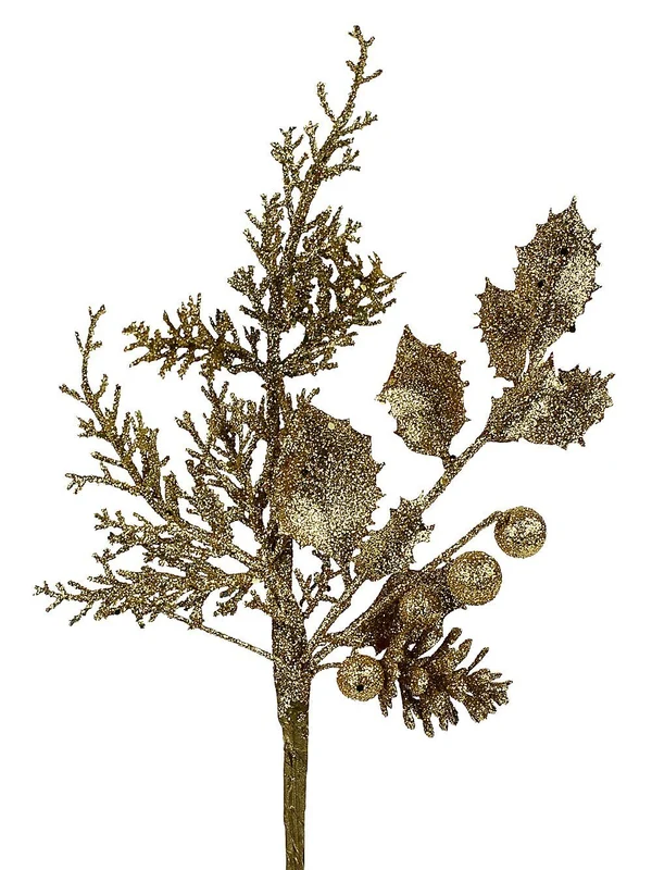 Gold Glitter Mixed Foliage With Pinecone & Berries Christmas Stem Pick | 28cmGold Christmas Warehouse