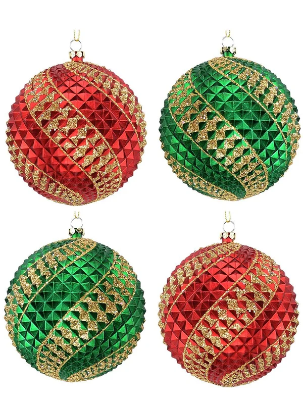 4x Dynamic Red & Green Signature Durian Gold Swirl Baubles | 10cmRed & Green with Gold Christmas Warehouse