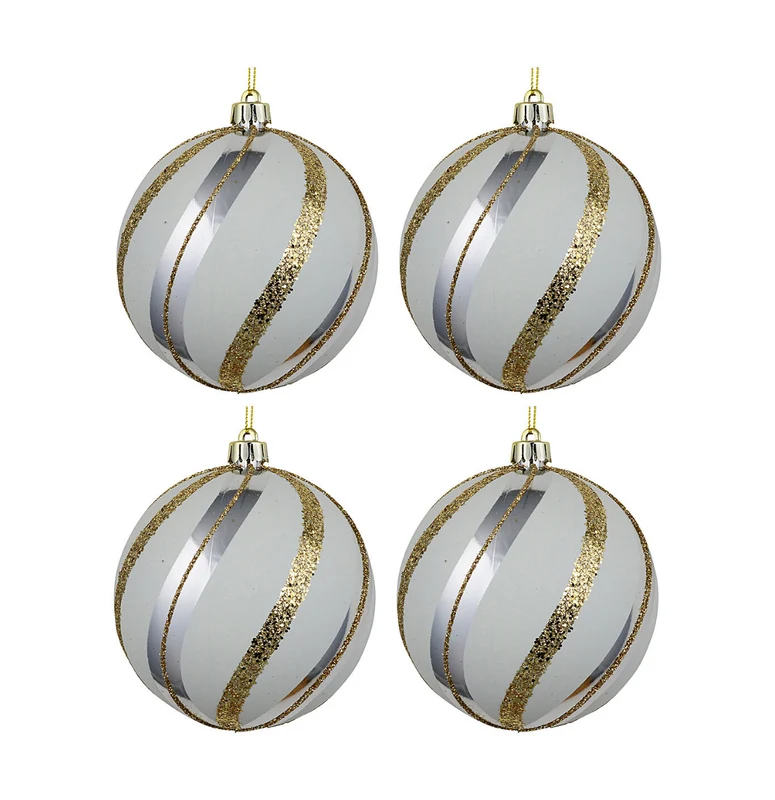 Christmas Warehouse - DECR2606 4x Whimsical White Silver & Gold Signature Swirl Baubles 10cm Christmas Warehouse