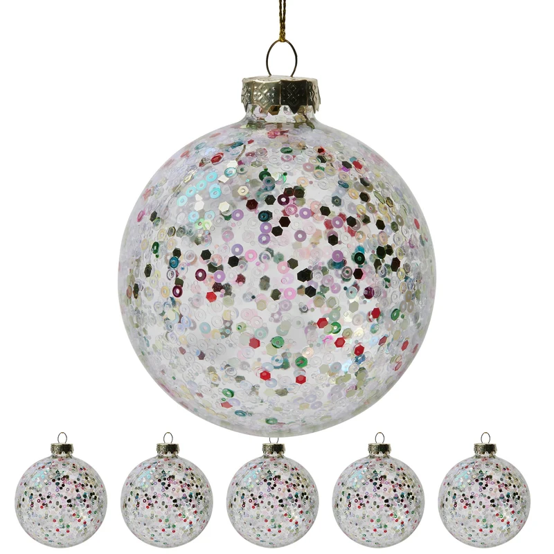 Christabelle Clear Glass Baubles 6Pcs with Colourful Sequins Balls Christmas Tree Decoration Ornament Klika