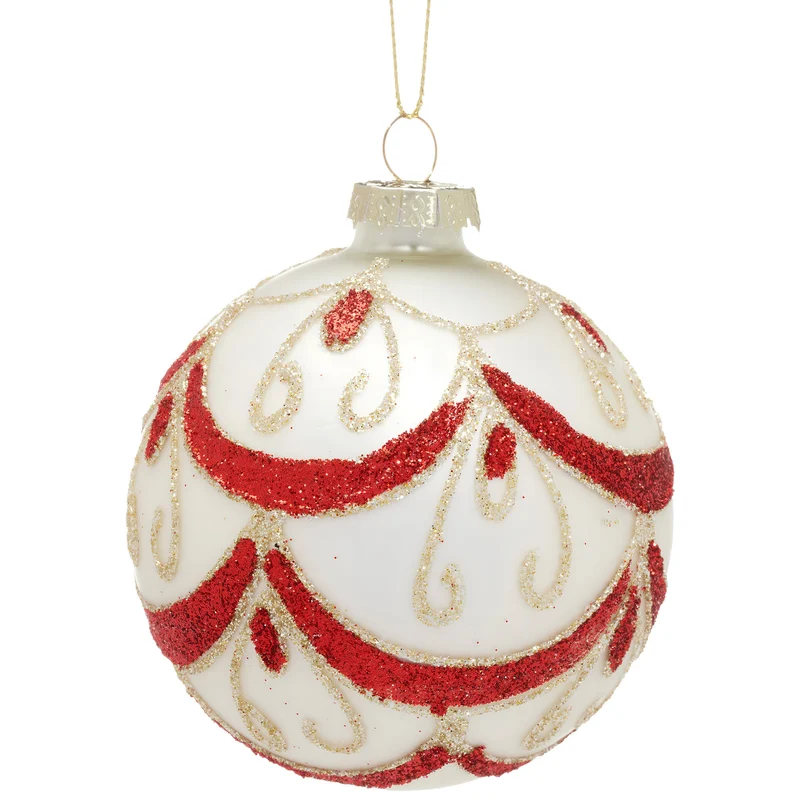 Christabelle White Glass Baubles 6Pcs with Red and Champagne Sparkle Swirls Balls Christmas Tree Decoration Ornament Klika
