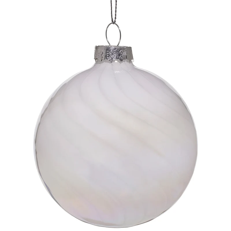 Christabelle Box of 6 White Glass Baubles with Stripe & Faint Iridescence Klika