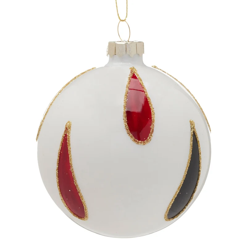 Christabelle White Glass Baubles 6Pcs with Red & Black Teardrops Balls Christmas Tree Decoration Ornament Klika