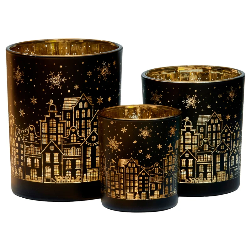 Christabelle Christmas Candle Jar Set of 3 Black and Gold Holiday Candle Holders Klika