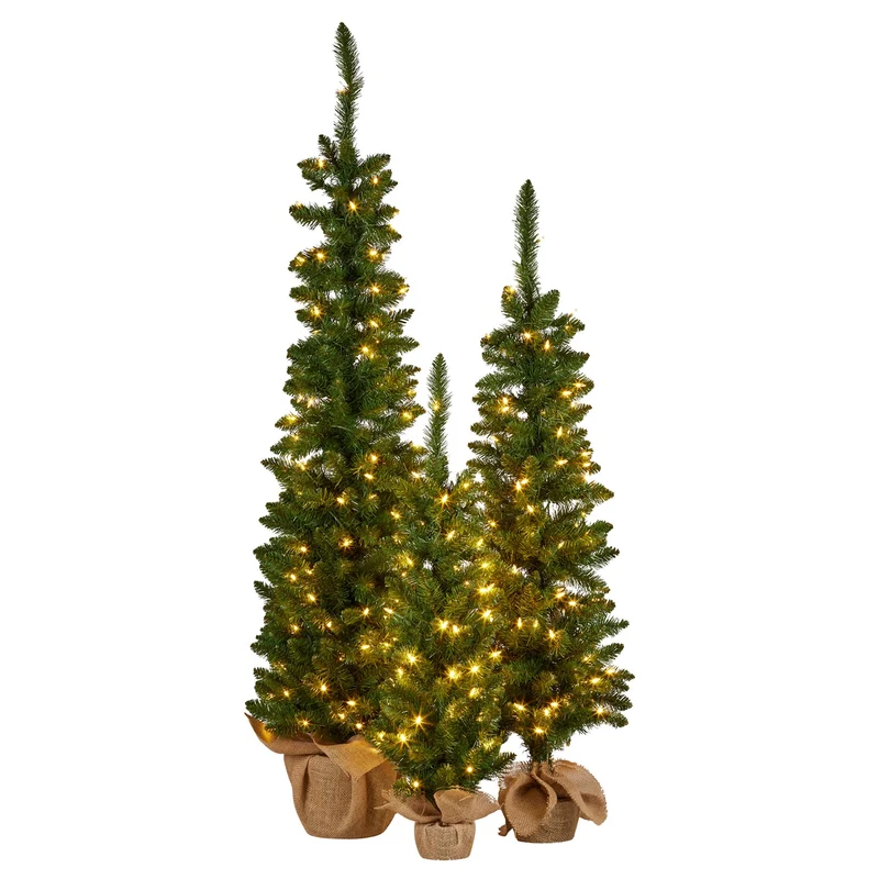 Christabelle Set of 3 Pre-Lit Christmas Trees Green Pine with LED Lights Klika