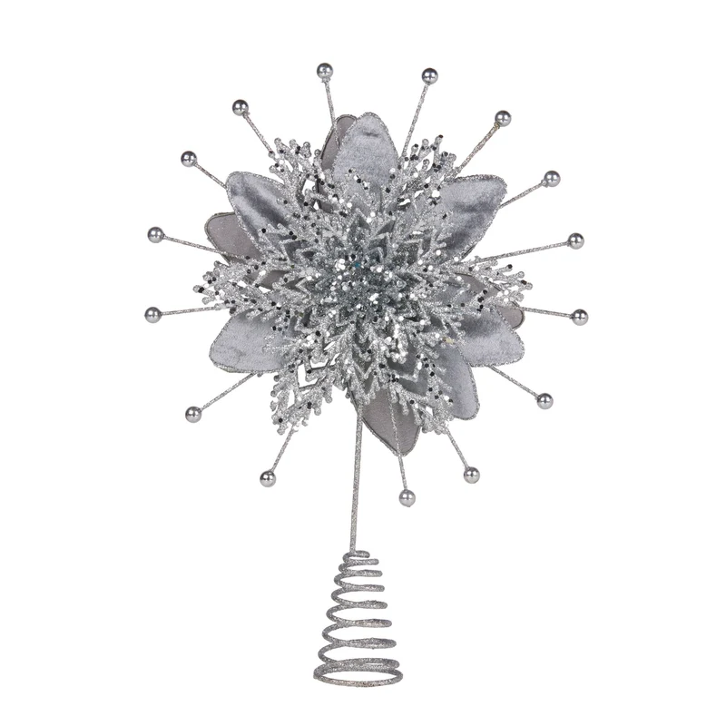 Christabelle Christmas Tree Topper Poinsettia Decoration Ornament Shimmering Silver Sparkle Petals Klika