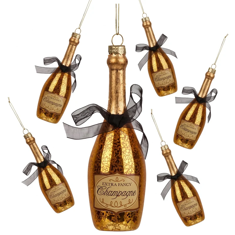 Christabelle Box of 6 Champagne Bottle Christmas Gold Glass Tree Decoration Klika